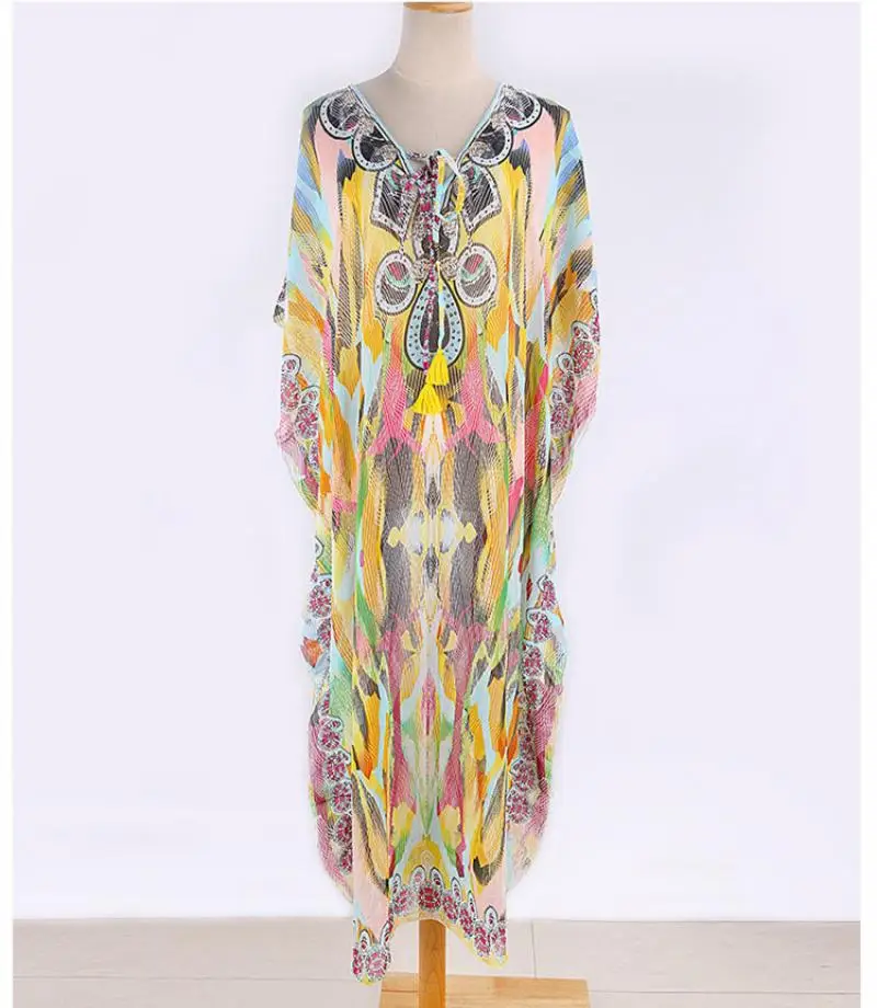 

Plus Size Beach Dress 2021 Sexy Cover Up Beach Women Chiffon Bikini Cover Ups Print Beachwear Summer Swim Dress Saida De Praia