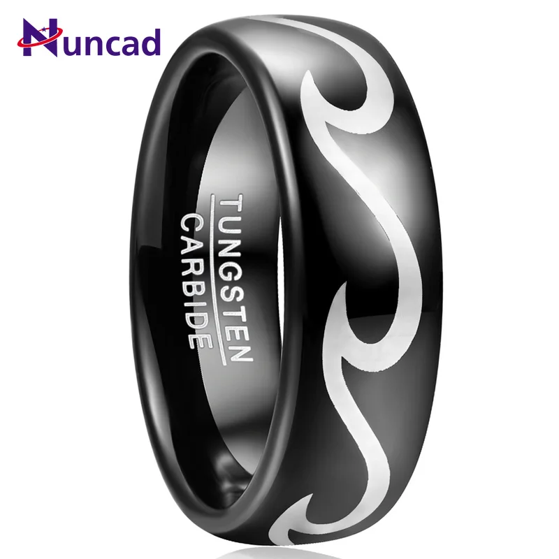 Мужское обручальное кольцо Nuncad черное из вольфрамовой стали с волнистым узором 8