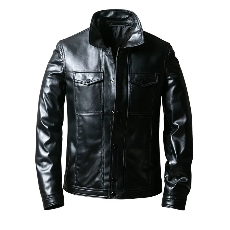 

Mens Quality Sheepskin Coat 2021 Genuine Leather Slim Fit Turn-Down Collar Pocket Cargo Jackets Men Punk Motorcycle Short Jacket