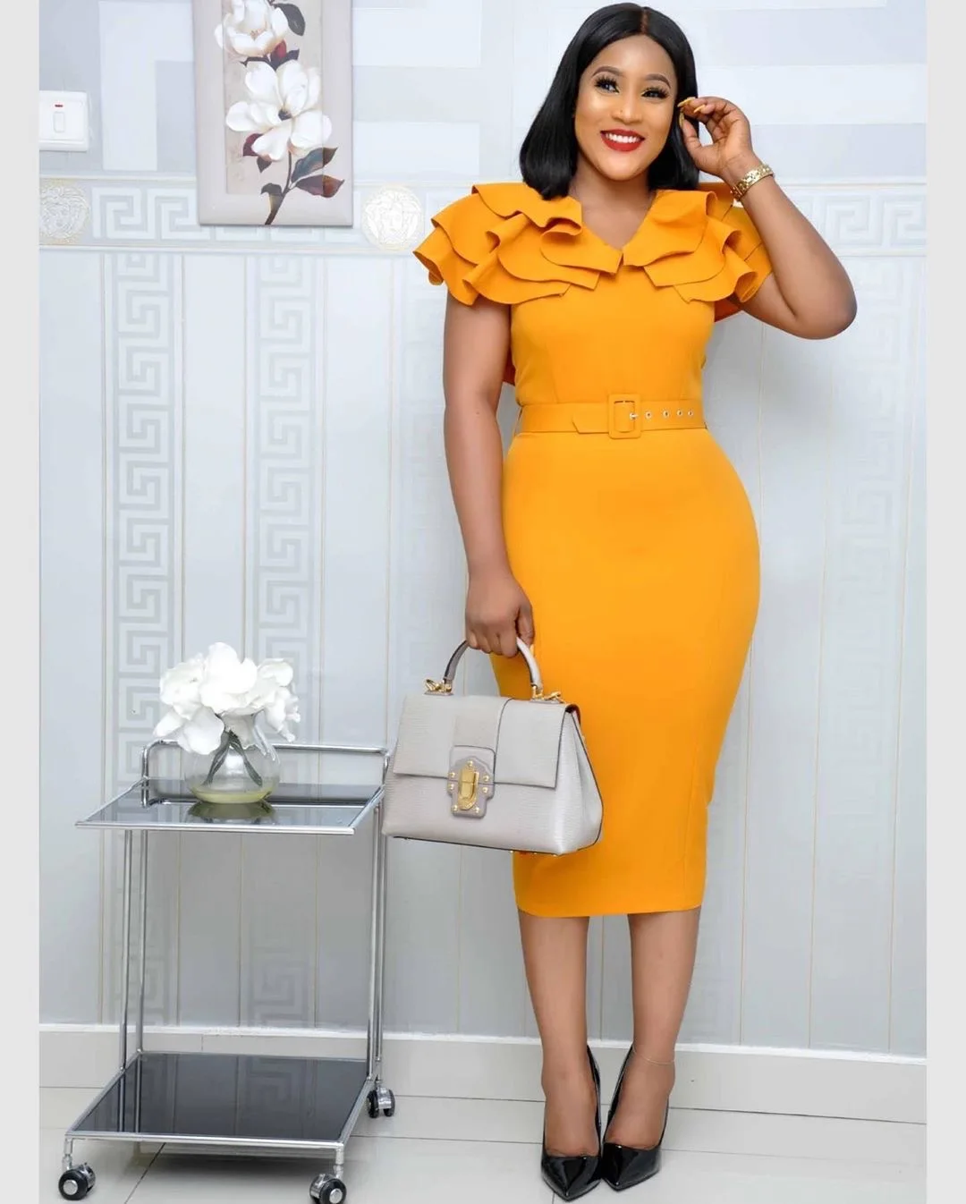 Vestido africano elegante de manga corta y cinturón para mujer, vestido de Color liso a la moda, cuello redondo apilado, temperamento elegante, novedad de 2021