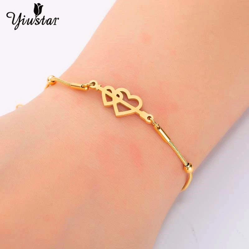 Yiustar Lover Двойные Браслеты с сердечками очаровательный браслет из нержавеющей
