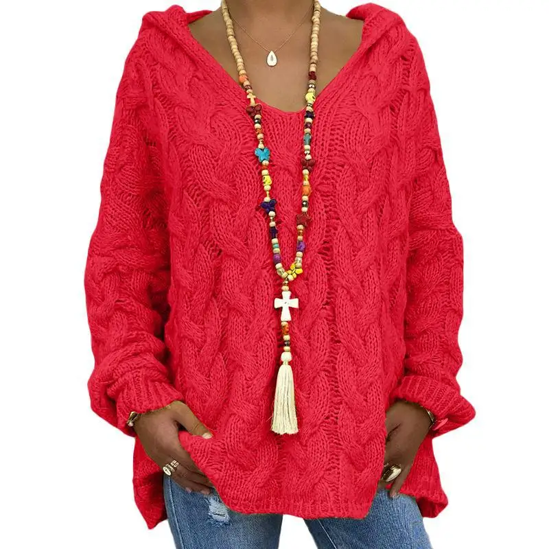 

2021 Autumn/Winter New V-neck Wool Stitching Long Sleeve Hollowed-Out Fashion Pullover Pure Color Twist Knit Hoodie