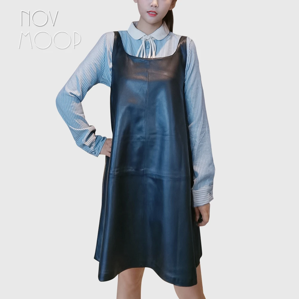 

novmoop 2020 sweet lady style genuine leather sheepskin women strap dress Vestido de mujer con correa de cuero LT3256