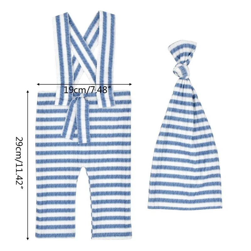 

2 Pcs Baby Stripe Romper Long Tail Knotted Hat Set Newborn Photography Props Strap Pants Cap for Infants Photo Shooting