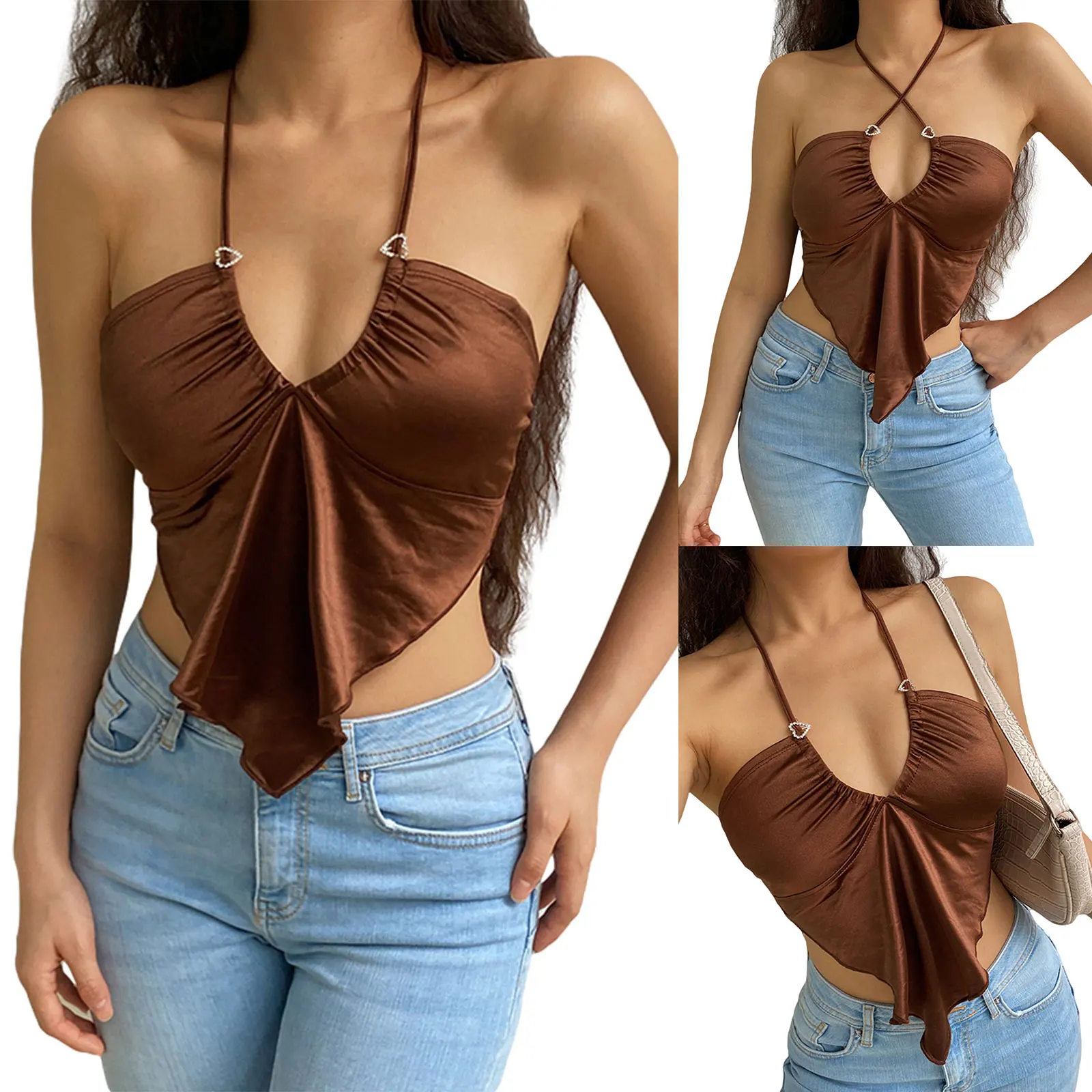 

Women's Halter Crop Cami Tops, Sexy Sleeveless Solid Color Hanky Hem Ruched Camisole