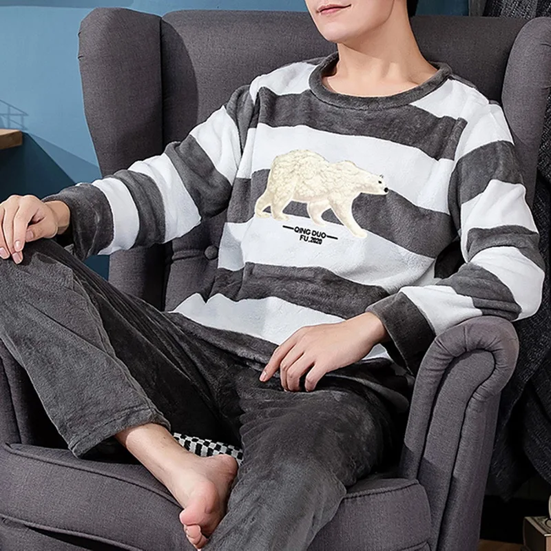 Плотный теплый фланелевый пижамный комплект Мужская зимняя Свободная Домашняя