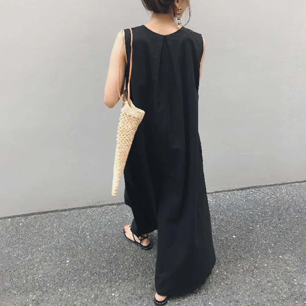 

loose style black dress lady sleeveless summer female long maxi robe femme vestiods casual korean japan a line new dresses