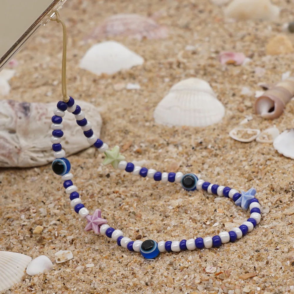 

New Fashion Anti-Slip Mobile Phone Rope Unisex Chain Cord Holder Acrylic Blue Eye Star Charm Bracelet Strap