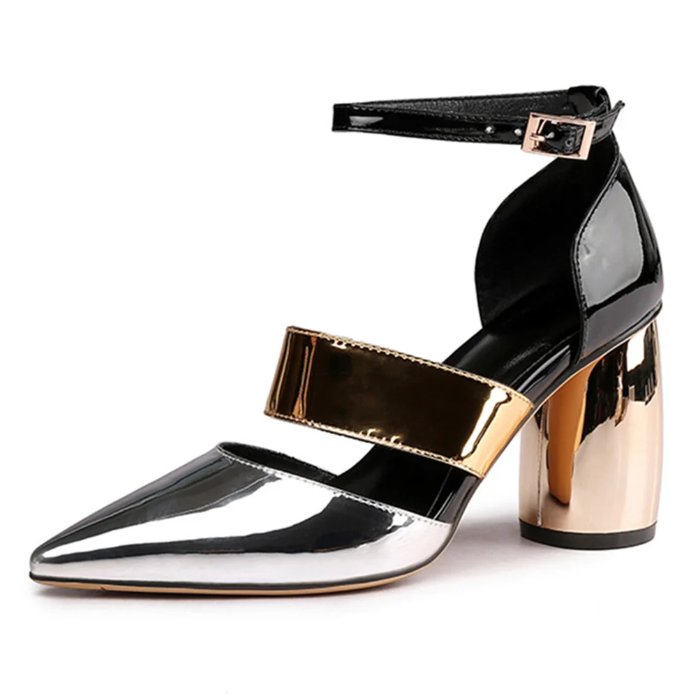 

Aiyoway New Fashion Women Ankle Buckle Strap Thick High Heels Pumps Sexy Bride Electroplating Pointed Toe Party Dress Shoes