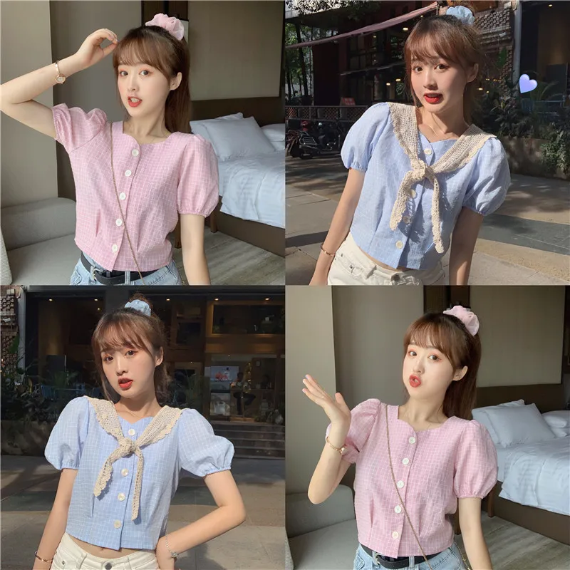 

Pink Women's Clothing Puff Sleeve Summer Ladies Tops Sweet Style Bow Square Collar Plaid Blouses Crop Top Shirts Hot New 2021