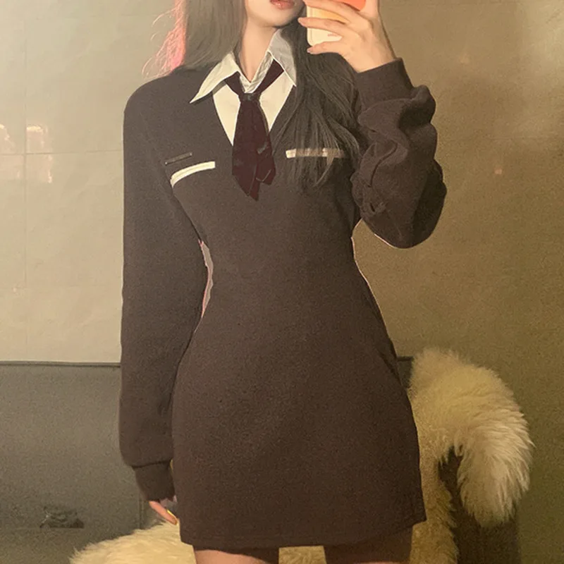 Платье XUXI с воротником-поло имитация двух платьев длинным рукавом Женская