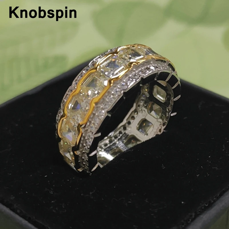 

Knobspin 100% 925 Sterling Silvr Golden Border Square 4*4mm High Carbon Dimond Top Quality Rings For Women Wedding Fine Jewelry