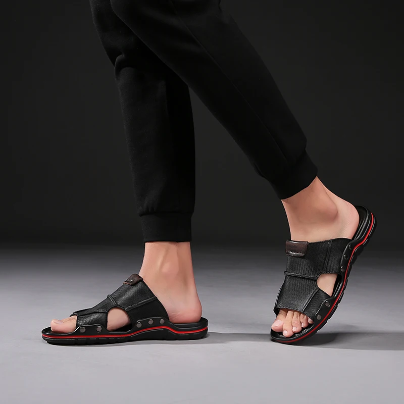 Мужские кожаные тапочки; дышащие; коллекция года; летние мужские сандалии; мужская пляжная обувь из натуральной кожи