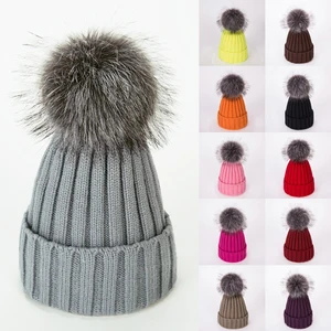 New Women Hat Bobble Ski Cap Beanie Large Ball Fur Pom Warm 15CM Fox Hats With Fluffy Wool Pom Knit Beanie Ski Cap Bobble