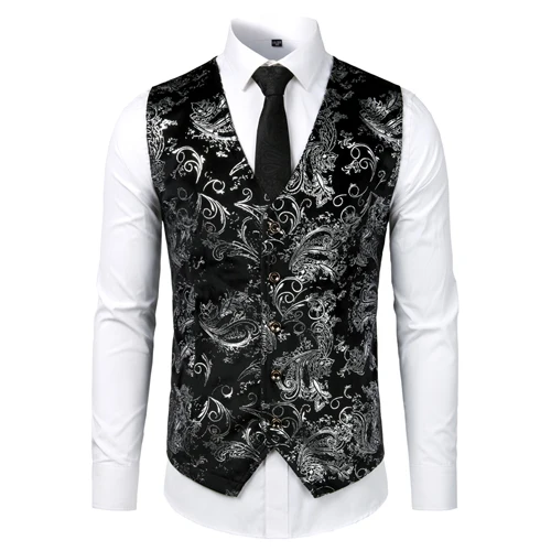 

Gold Steampunk Vest Men Suit Gilet Homme Wedding Sleeveless Slim Fit Paisley Floral Dress Vests For Men Single Buttons Waistcoat