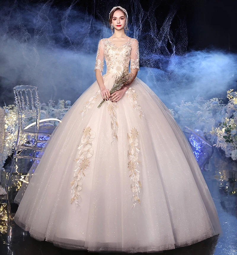 

New Appliques Beads Lace Half Sleeves Wedding Dresses Floor Length Ball Gown V Neck Elegant Plus Sizes Vestido De Noiva