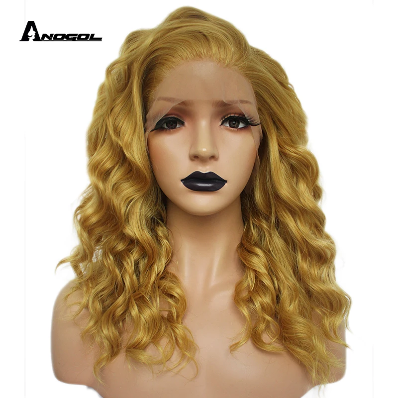 Blonde Anogol розовый синтетический парик на фронта шнурка высокая температура волокна длинные волосы глубокая волна парики для белых женщин с бесплатной частью - Color: Blonde