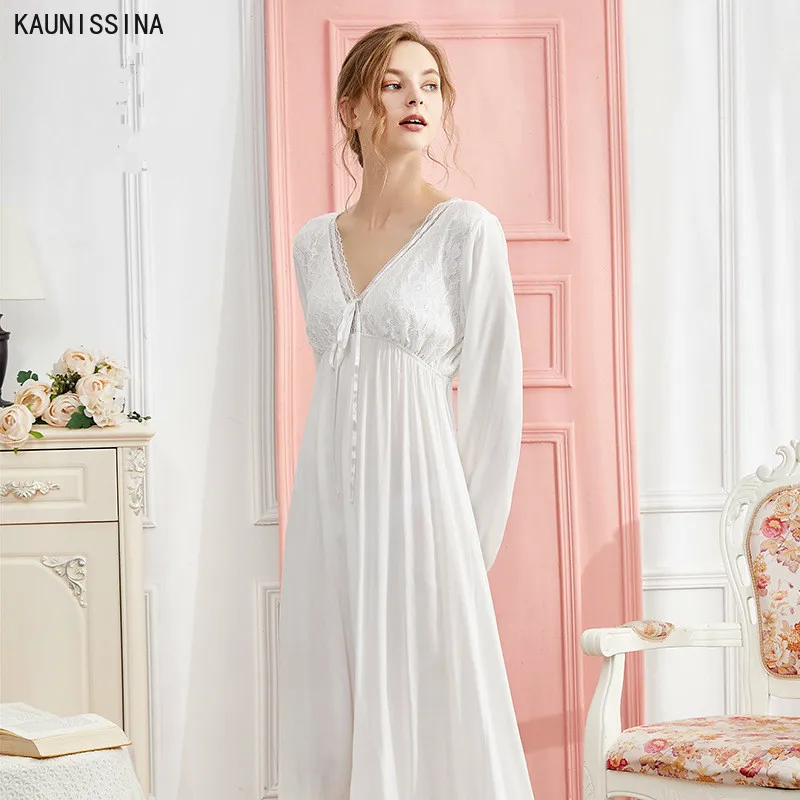 

Cotton Nightgown Women Sweet Lovely Sleepwear V-Neck White Nightdress Spring Autumn Lounge Dress Fashion Cotton Lace Sleepwear