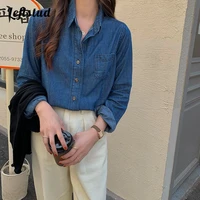 denim shirt female 2022 spring new korean style long sleeved fashion retro denim blue lapel single breasted loose casual top