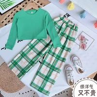 2021 autumn new childrens clothing korean fashion girls suit long sleeved cotton blouse plaid wide leg pants two piece suit