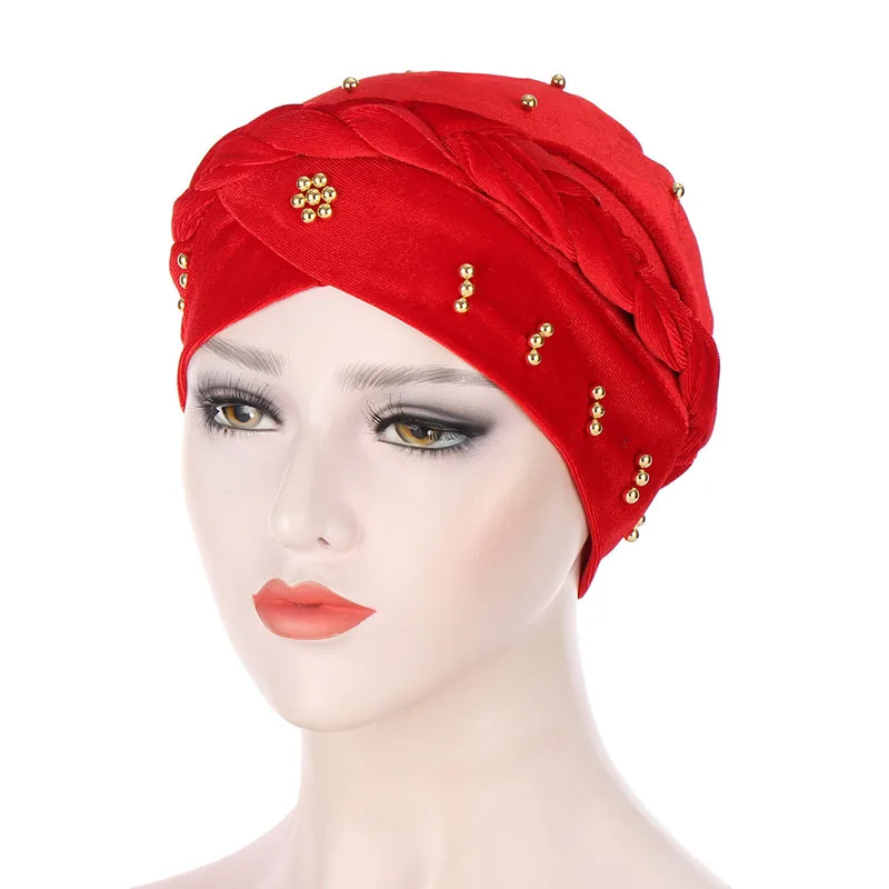 

Winter Velvet Muslim Caps Women Beading India Hat Classic Comfort Braid Turban Hat Fashion Cancer Chemo Beanie Hats Head Wrap