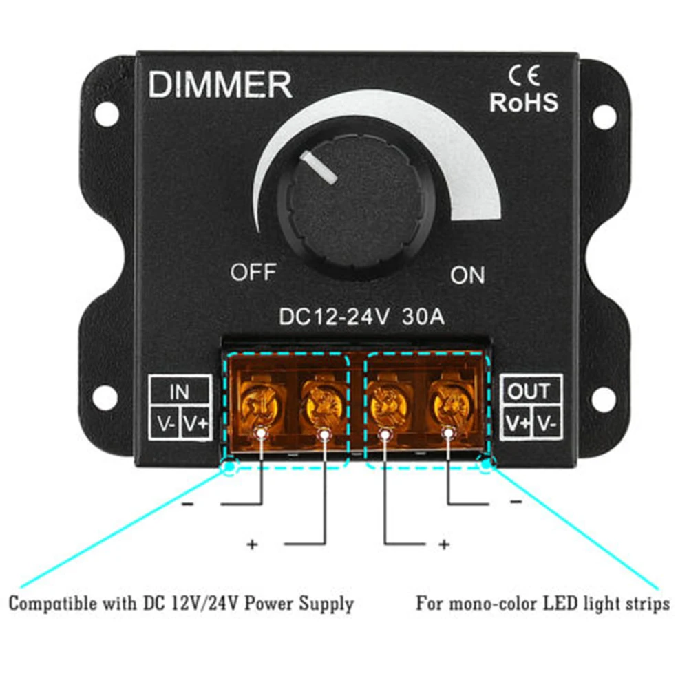 DC12V-24V PWM Digital Dimmer 30A Dimmer with Knob ON / OFF Switch Adjustable Brightness for LED Light Bar LED Dimmer