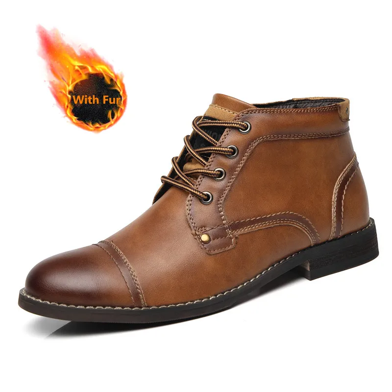 

Мужские мотоциклетные ботинки, Повседневные высокие кожаные ботинки в британском стиле, модная зимняя теплая плюшевая обувь из хлопка с ба...