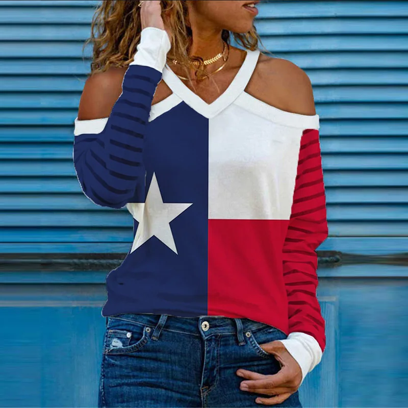 

Summer Sexy Off Shoulder V-Neck Blouse Spring Long Sleeve Loose Tops Pullover Women's Letter Print Harajuku Halter Shirt Blusas