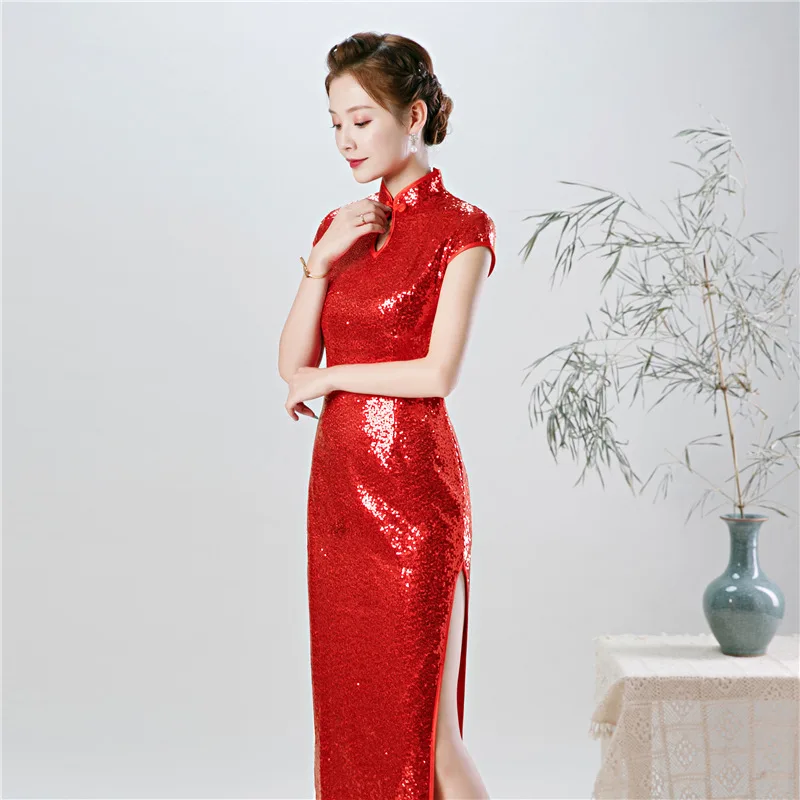Красное Длинное китайское платье с блестками Cheongsam современное свадебное