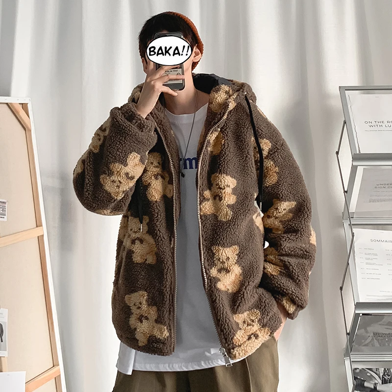 Men's Winter Jacket Velvet Covered Bear Lambs Wool Cotton-padded Clothes Loose Male Lovers Warm Thick Coat  Fleece Jackets Mens