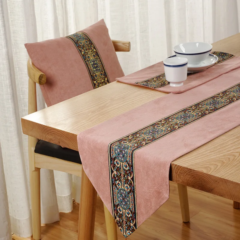 New Chinese Style Embroidery Solid Red Table Runner Simplicity Blue Flag Cover Decoration for Dining with Tassels | Дом и сад