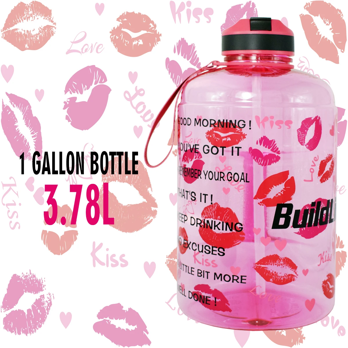 Lips BuildLife 1 галлон бутылка для воды с соломенным маркером времени 3.78л 128 унций BPA бесплатно пластиковая большая емкость фитнес спорт воды кувшин - Цвет: Lips