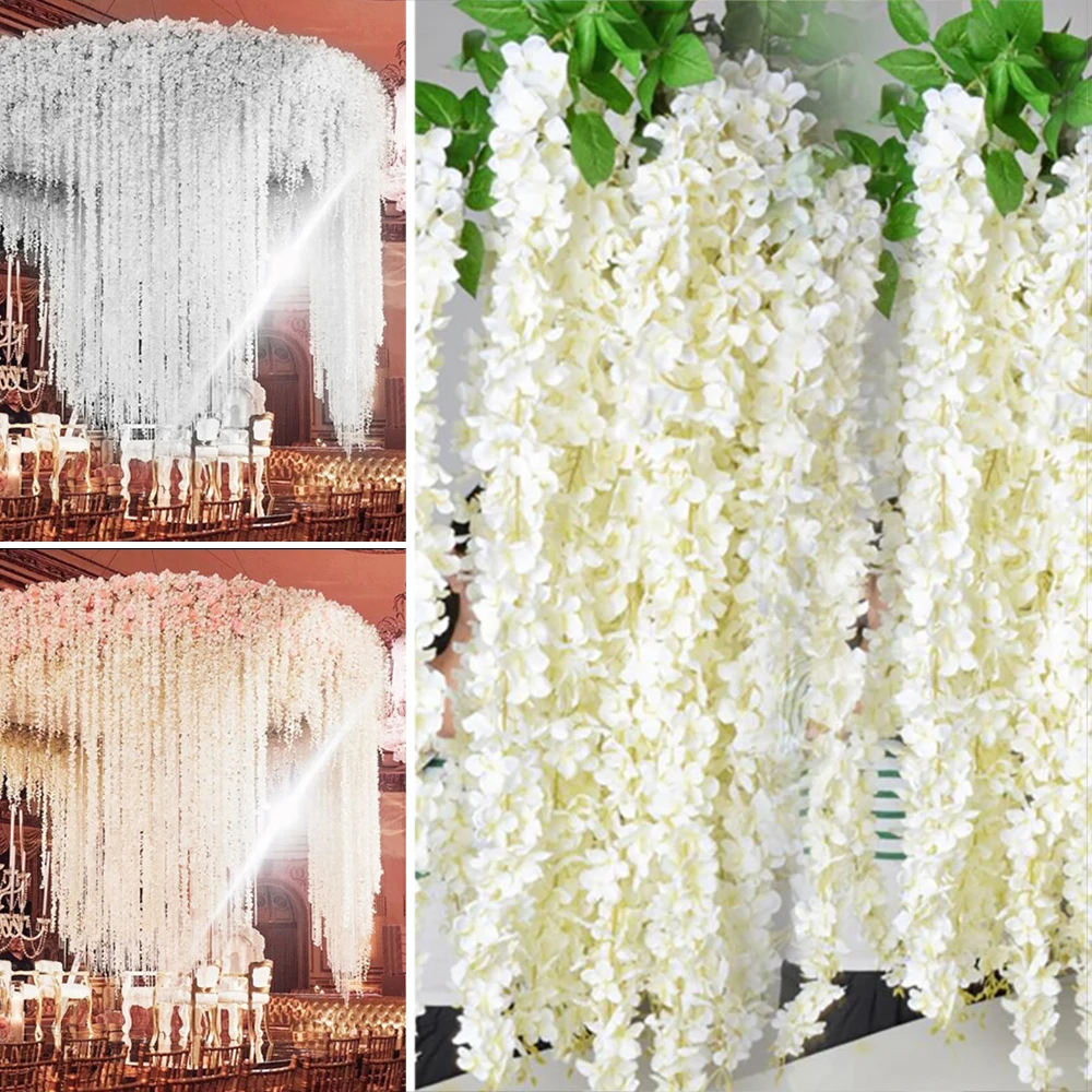 

20pcs Beautiful White Artificial Silk Wisteria Flowers Hanging Rattan Bride Flowers Wedding Garland Vine Ivy Ceiling Decoration