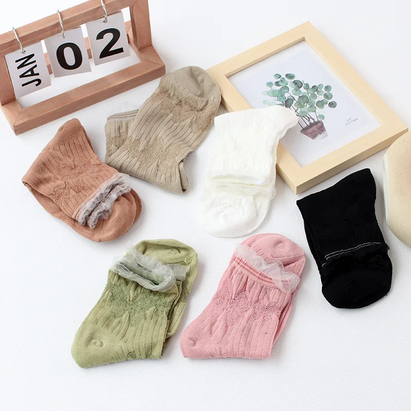 

Носки женские тонкие однотонные из хлопка, модные милые удобные дышащие, с кружевом-бабочкой, в стиле ретро, для студентов