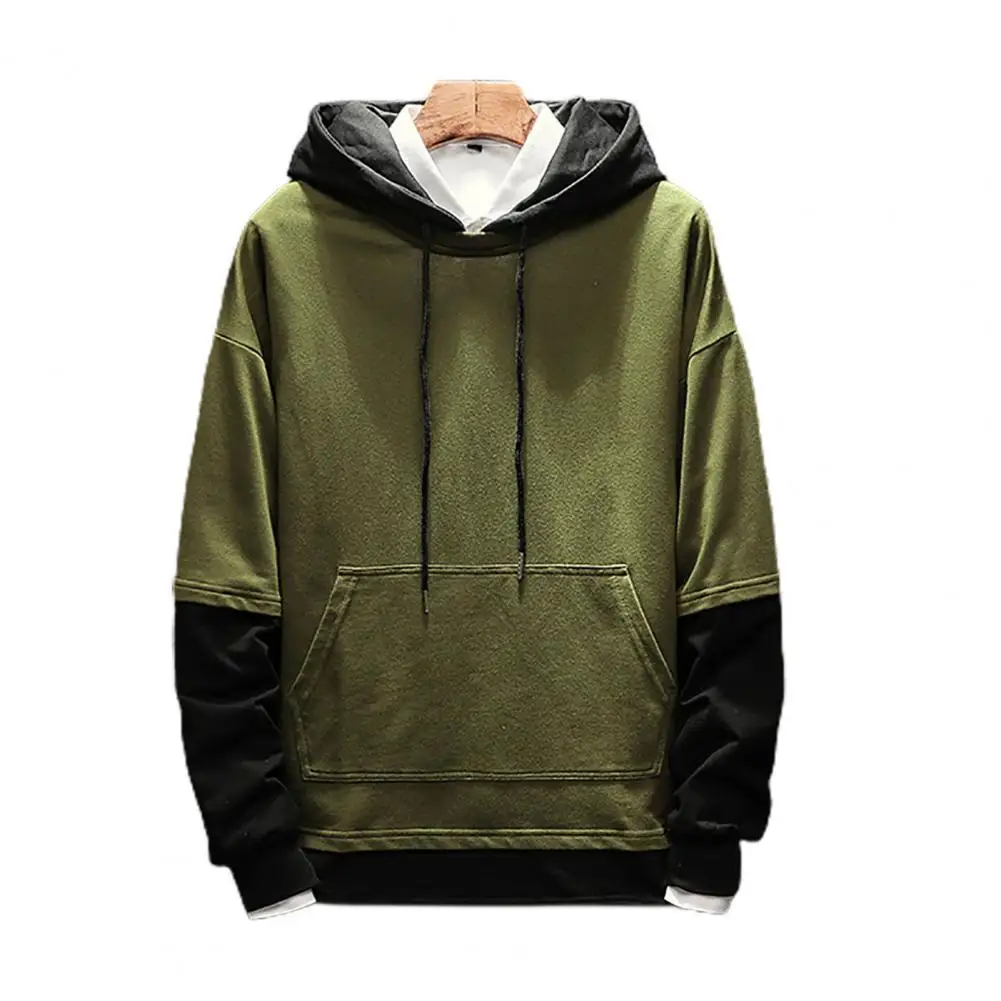 

Men Hoodie Long Sleeve Loose Fit Cotton Blend Contrast Color Drawstring Patchwork Hooded Sweatshirt for Autumn Winter