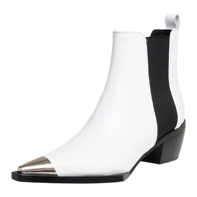

Genuine Leather Womens Pointed Toe Chelsea Boots Metal Decoration Cowhide Slip-On Mixed Colors Square Heel Outdoor Ankle Boot