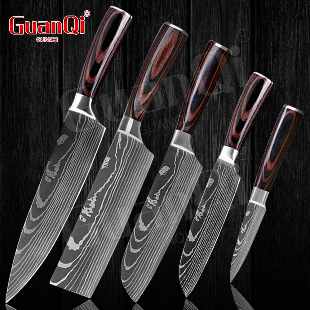 

Набор кухонных ножей из дамасской стали, острые японские ножи сантоку и мясника, нож с узором, нарезка, универсальный резак, поварской нож