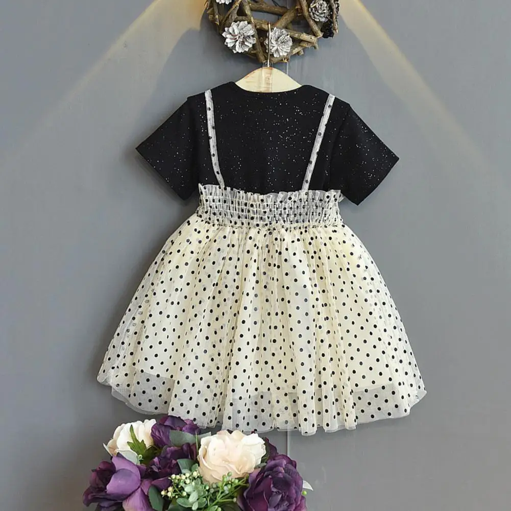 

Princess Dress Short Sleeve Mesh Splicing Sequins Round Neck Fluffy Clothing Girls Short Sleeve Splicing Dress for Going Out