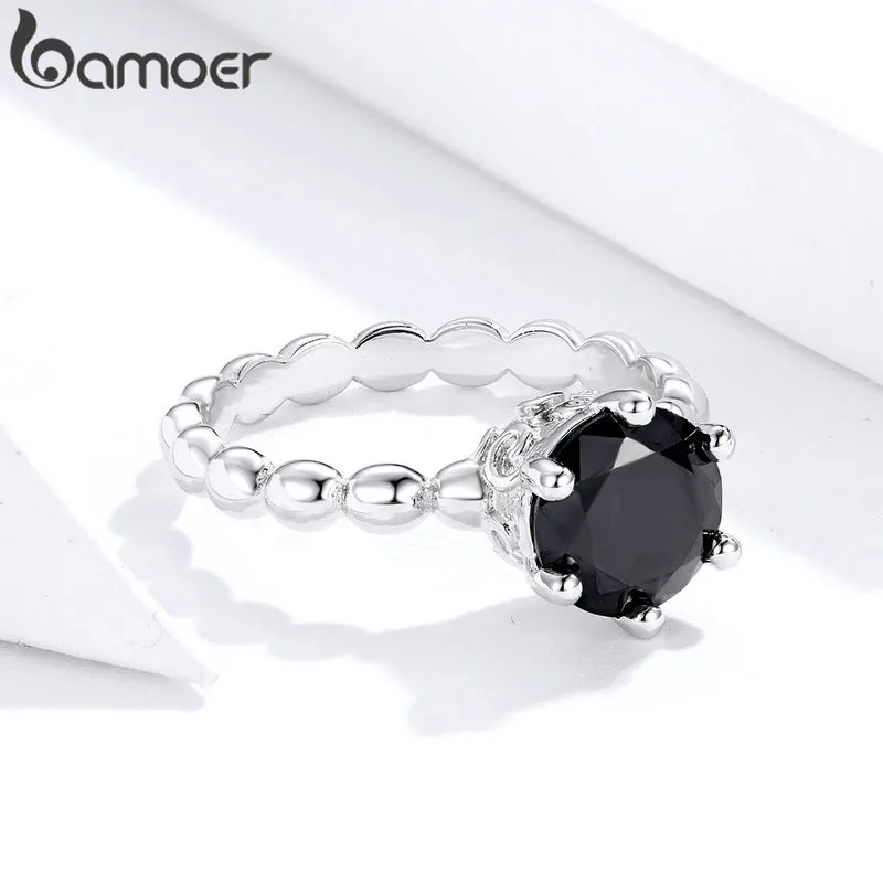 Серебряное кольцо BAMOER с черным кубическим цирконием для женщин модные свадебные