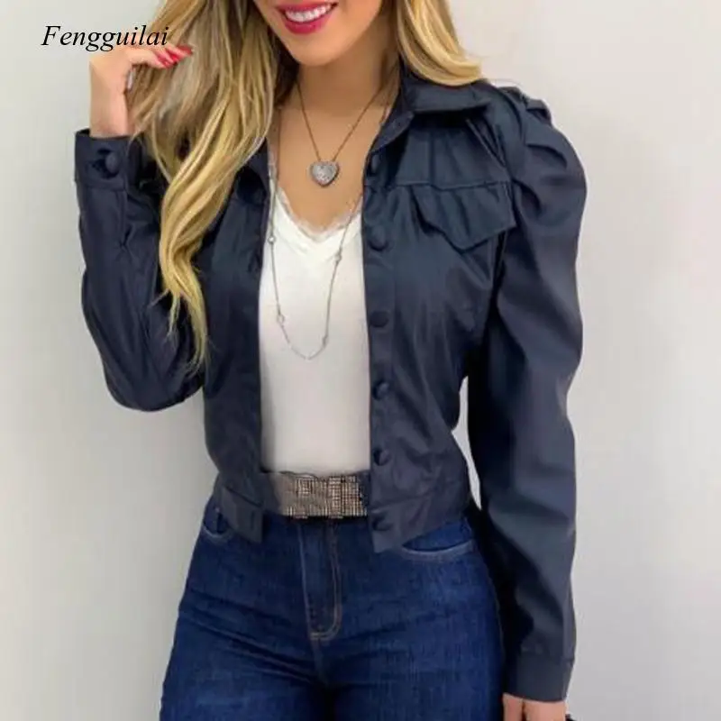 

Zoulv Long Sleeve Turn- Down Collar Single Breasted Female Jackets Solid Casual Lady Coat PU Leather Pleated Women Short Jacket