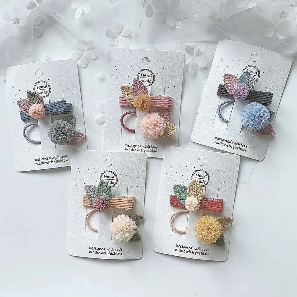 New 2 Pcs/set Yarn Ball Leaf Hair Clips For Girls Kids Pompom Elastic Rubber Bands Tie Children Accessories Set | Детская одежда и