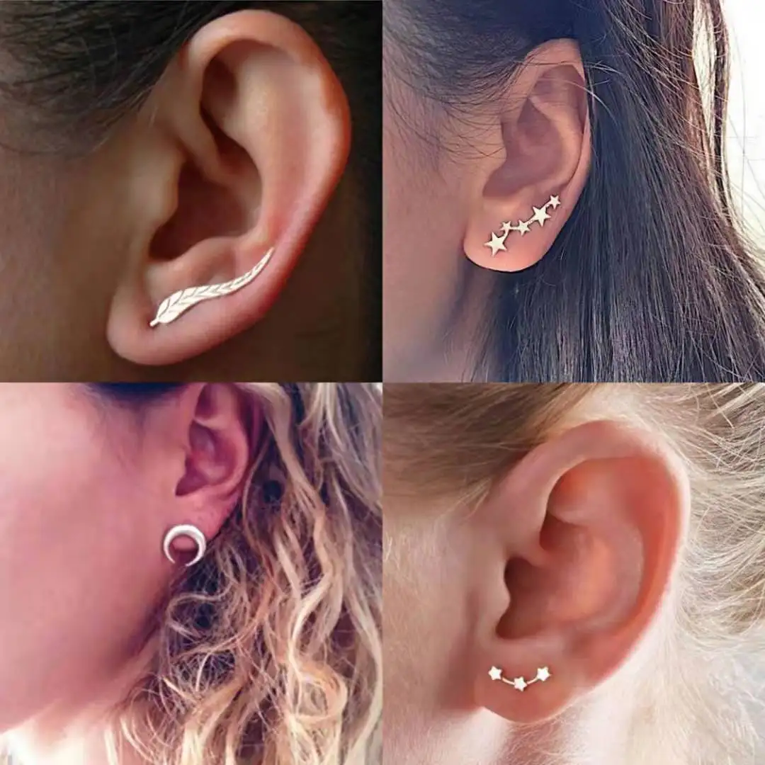 Женские длинные серьги-гвоздики со звездой и луной золотистые серебристые