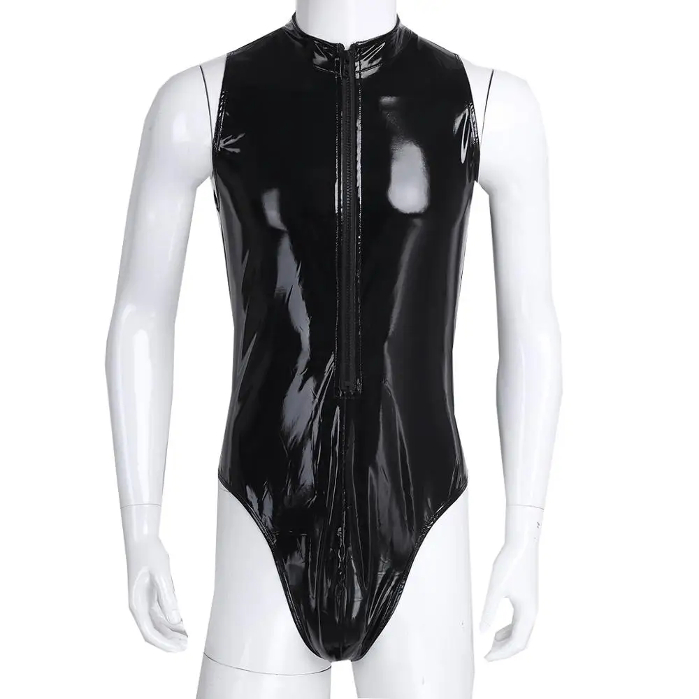 

Men Lingerie Leather Wetlook Zippered Leotard Bodysuit With 1 Pair Anti-skid Patent Leather Thigh High Footed Stockings Clubwear