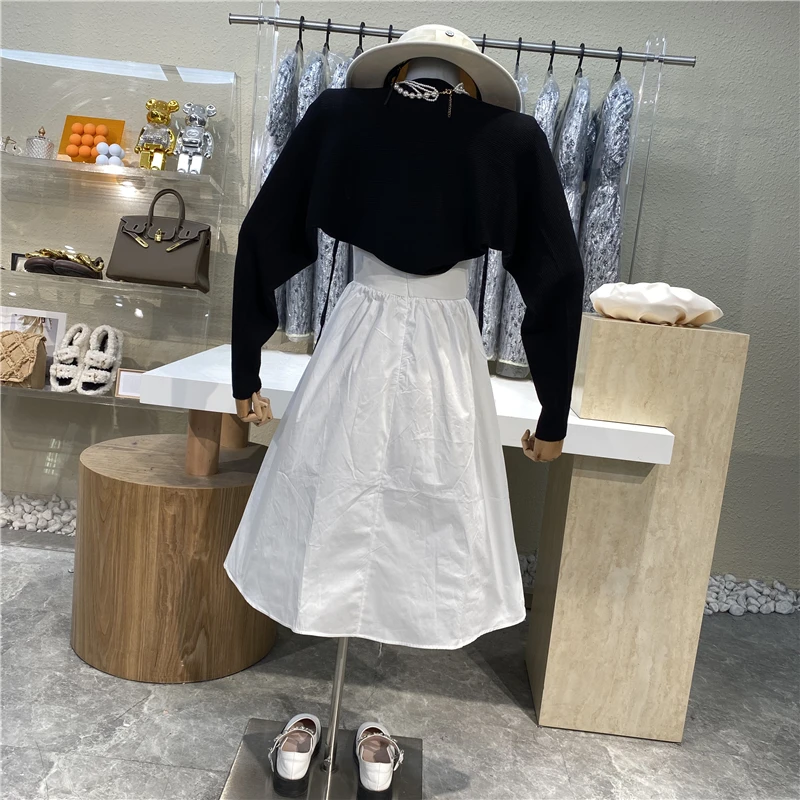 

New Brand Original Design 2021 Elegant Suspender Dress Small Black Dress + Lace Up Long Sleeve Knitted Shawl Suit