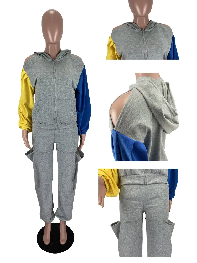 

Chic Women Streetwear Contrast Color Patchwork Two Piece Sets 2020 Winter Lady Hooded Zipper Coats Hollow Out Sweatpants Outfits