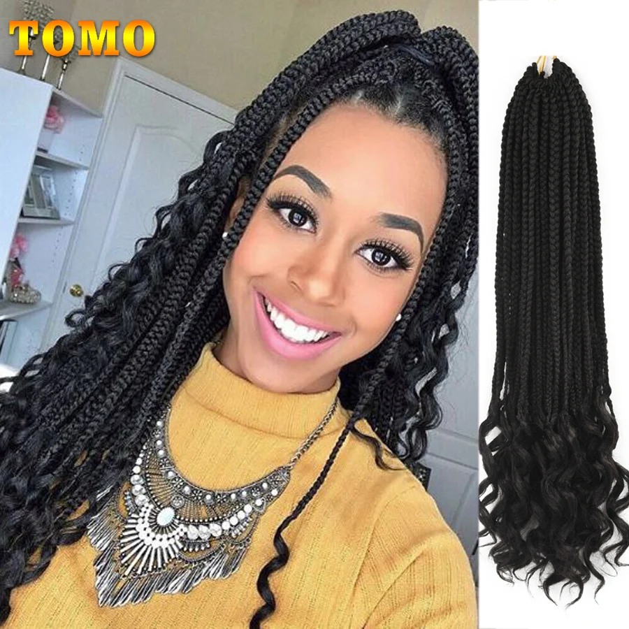 

TOMO 14 18 24Inch Crochet Hair Box Braids Curly Ends 22 Strands Synthetic Braiding Hair Ombre Crochet Braid Extensions Black Bug
