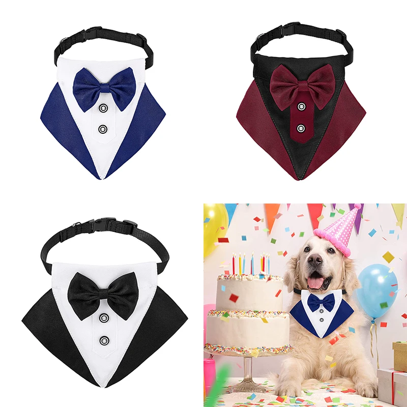 Pet Dog and Cat Wedding and Birthday Party Formal Tuxedo Bandana Collar with Bow Tie Adjustable Neckerchief