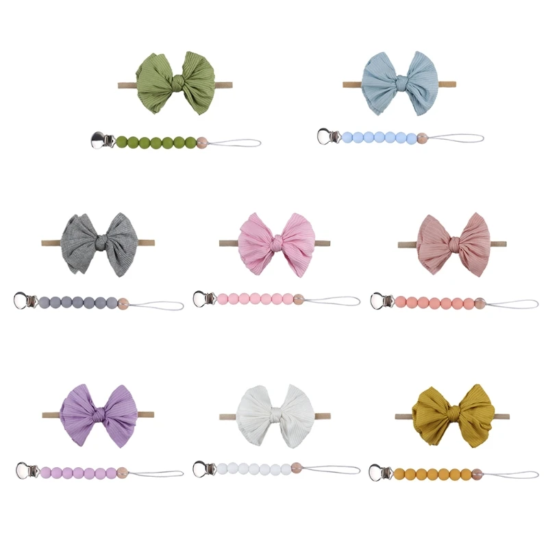 

2 Pcs Baby Pacifier Clip Chain+Bowknot Hairband Set Silicone Beads Dummy Holder