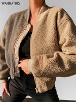 wannathis lamb wool baseball uniform women jacket zipper long sleeve loose warm crop coat fall winter fashion casual streetwear