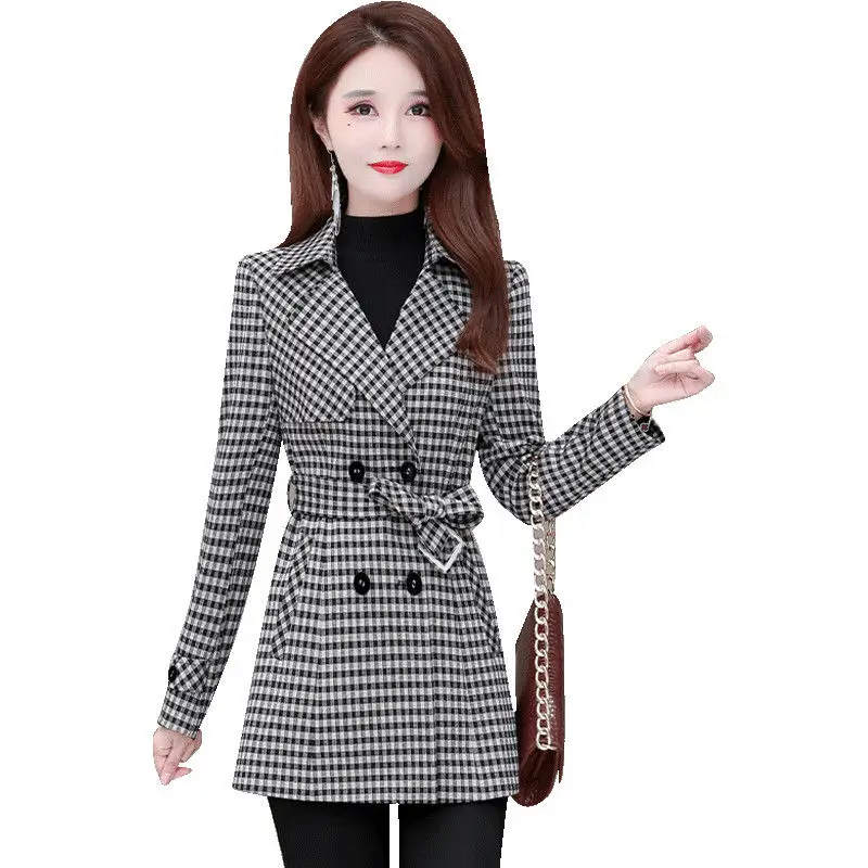 

Plaid Windbreaker Jacket Spring Women 2021 New Mid-length and Small Lace-up Short Spring and Autumn